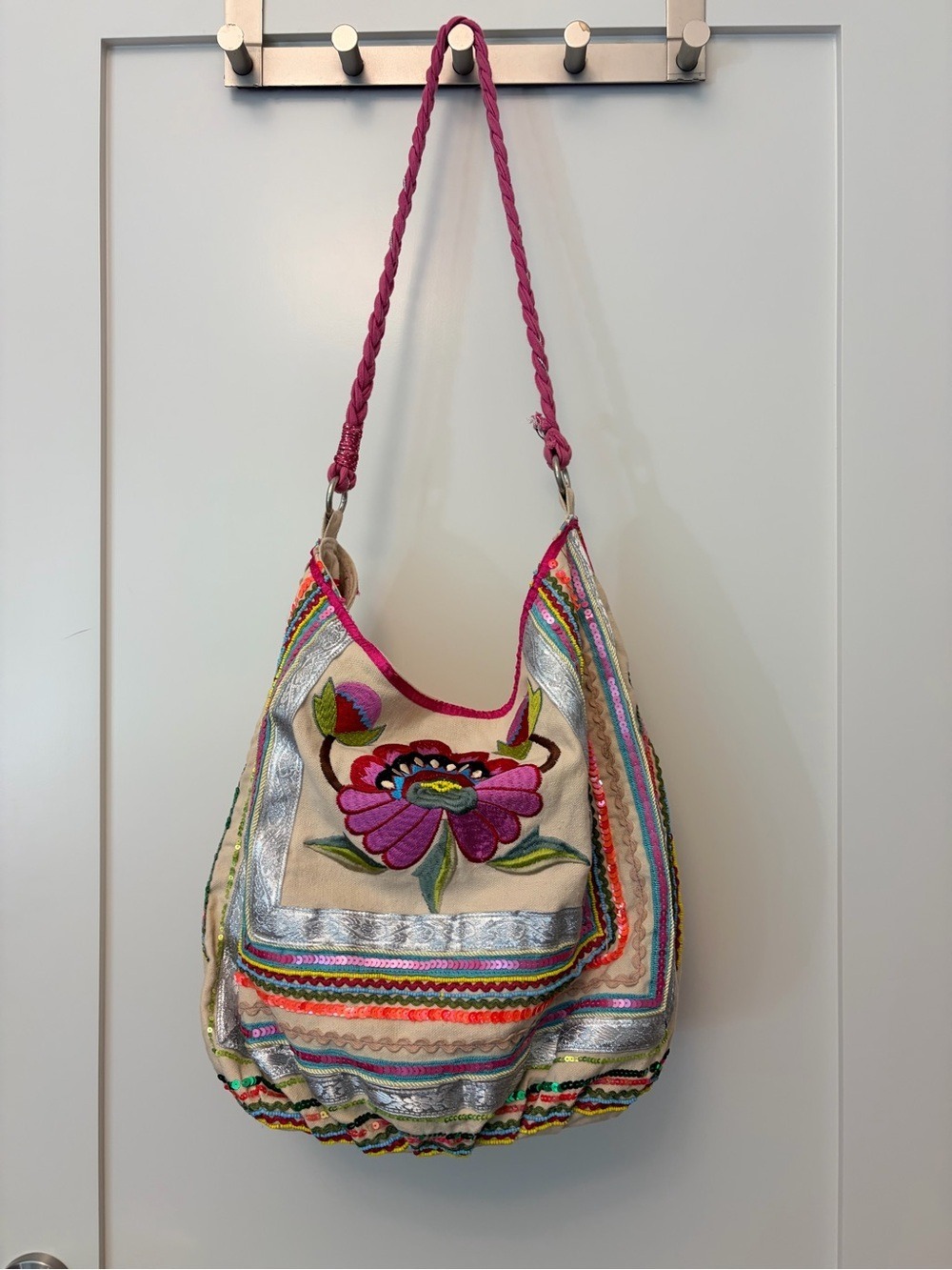 ALDO Boho Embroidered Sequin Canvas Hobo Shoulder Bag Flora